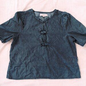 LOFT Chambray Blue & White Striped Bow Blouse Sz Petite Medium Cotton Top Mint